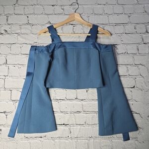 C/Meo Collective Bell Sleeve Blue Crop Dress Top Cold Shoulder Size S